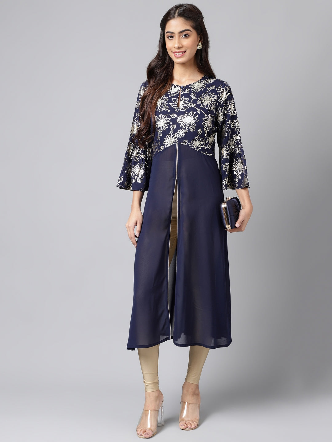 Janasya Women's Navy Blue Georgette Foil Printed Festive A-Line Kurta | Swadesiicart