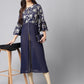 Janasya Women's Navy Blue Georgette Foil Printed Festive A-Line Kurta | Swadesiicart