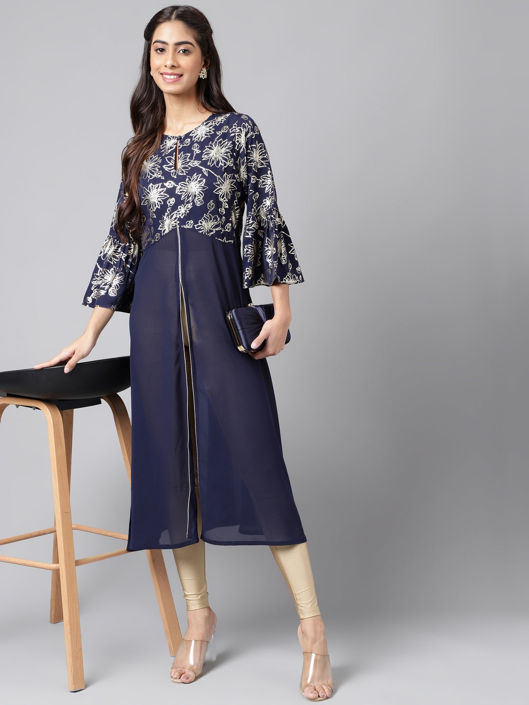 Janasya Women's Navy Blue Georgette Foil Printed Festive A-Line Kurta | Swadesiicart