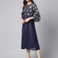 Janasya Women's Navy Blue Georgette Foil Printed Festive A-Line Kurta | Swadesiicart