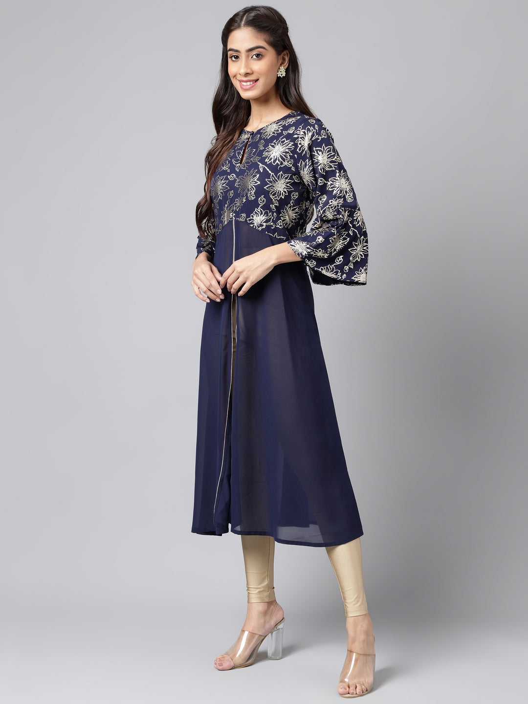 Janasya Women's Navy Blue Georgette Foil Printed Festive A-Line Kurta | Swadesiicart