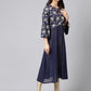 Janasya Women's Navy Blue Georgette Foil Printed Festive A-Line Kurta | Swadesiicart