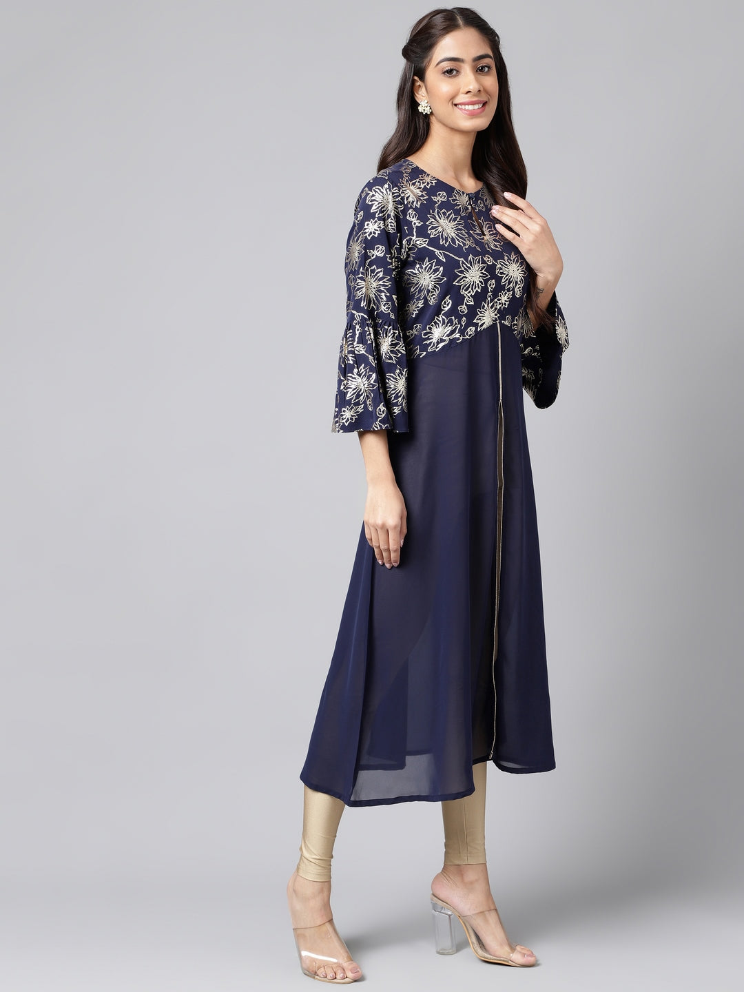 Janasya Women's Navy Blue Georgette Foil Printed Festive A-Line Kurta | Swadesiicart