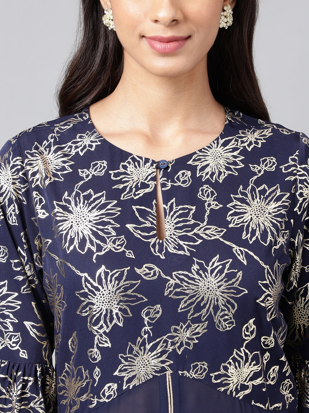 Janasya Women's Navy Blue Georgette Foil Printed Festive A-Line Kurta | Swadesiicart