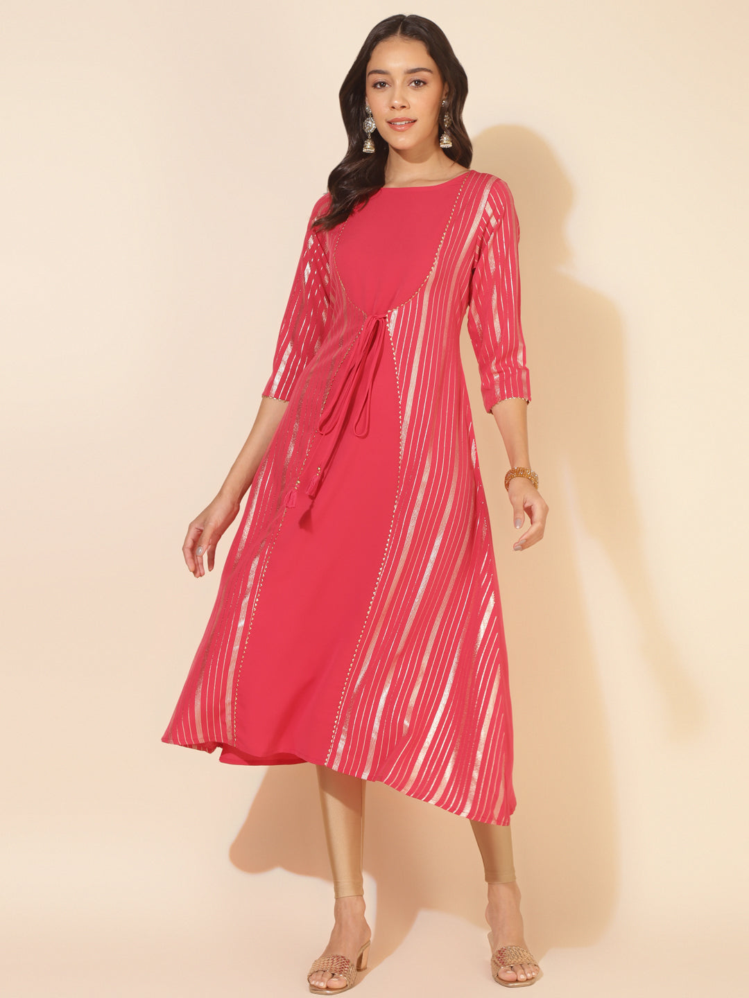 Janasya Dark Pink Crepe Foil Printed Casual Kurta | Swadesiicart