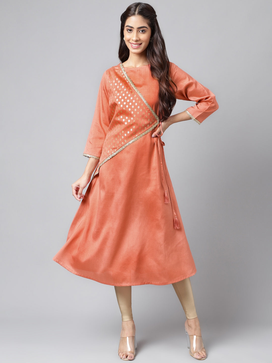 Janasya Women's Peach Crepe Silk Embellished Festive A-Line Kurta | Swadesiicart