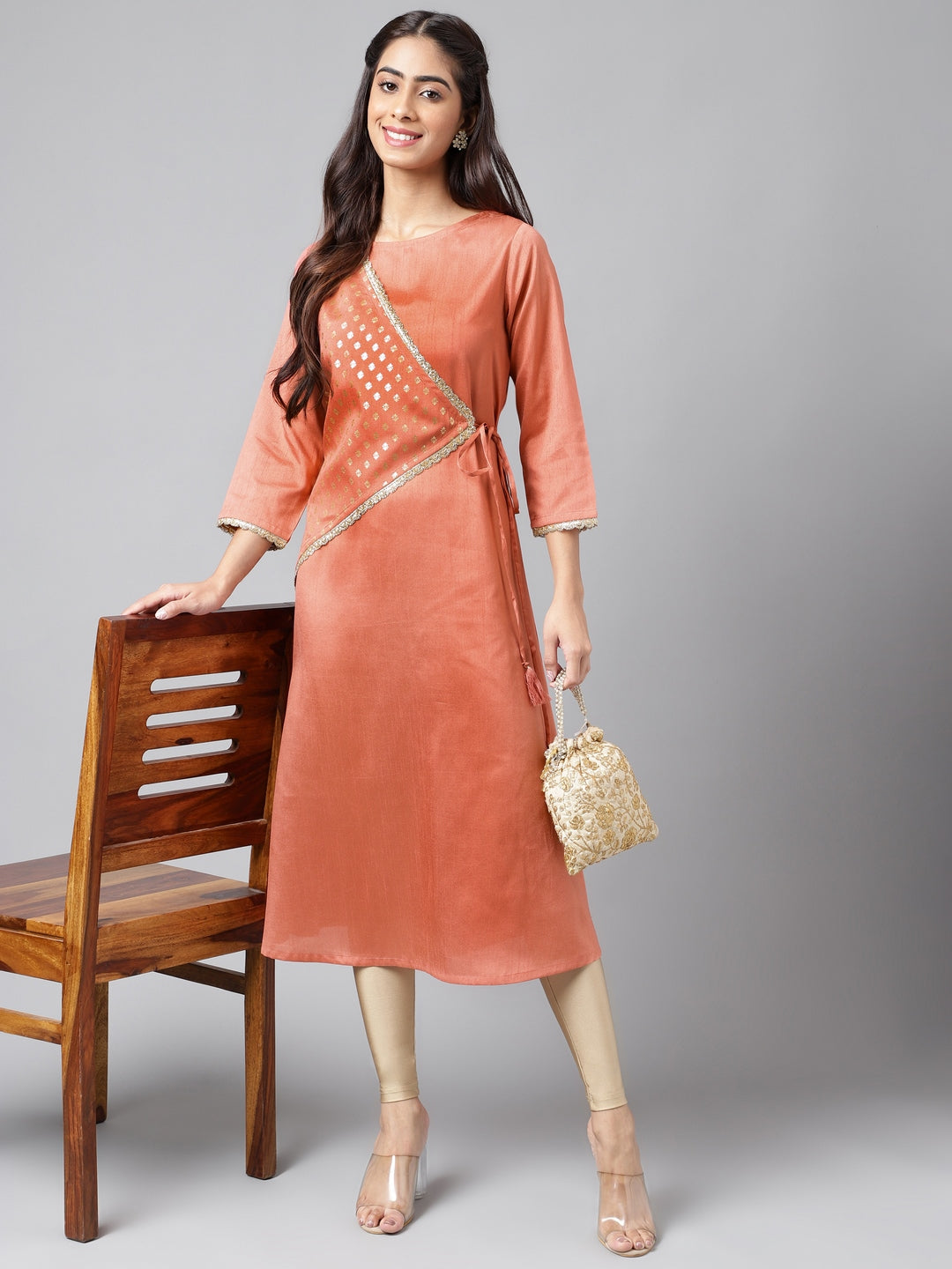 Janasya Women's Peach Crepe Silk Embellished Festive A-Line Kurta | Swadesiicart