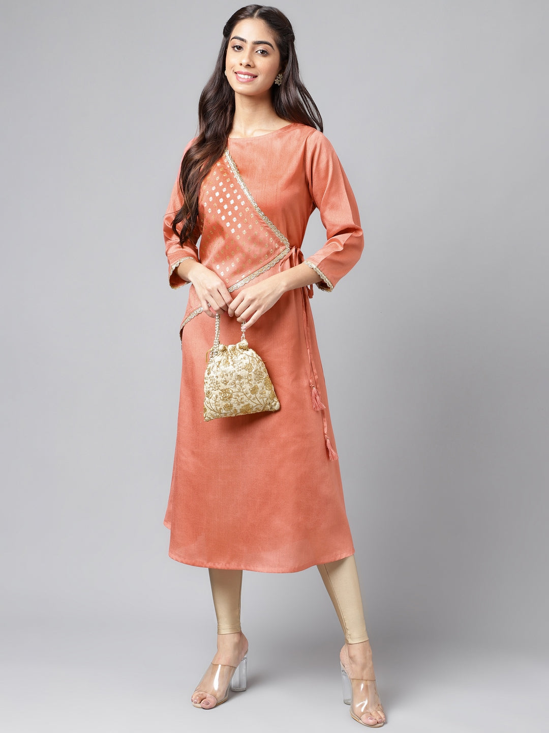 Janasya Women's Peach Crepe Silk Embellished Festive A-Line Kurta | Swadesiicart