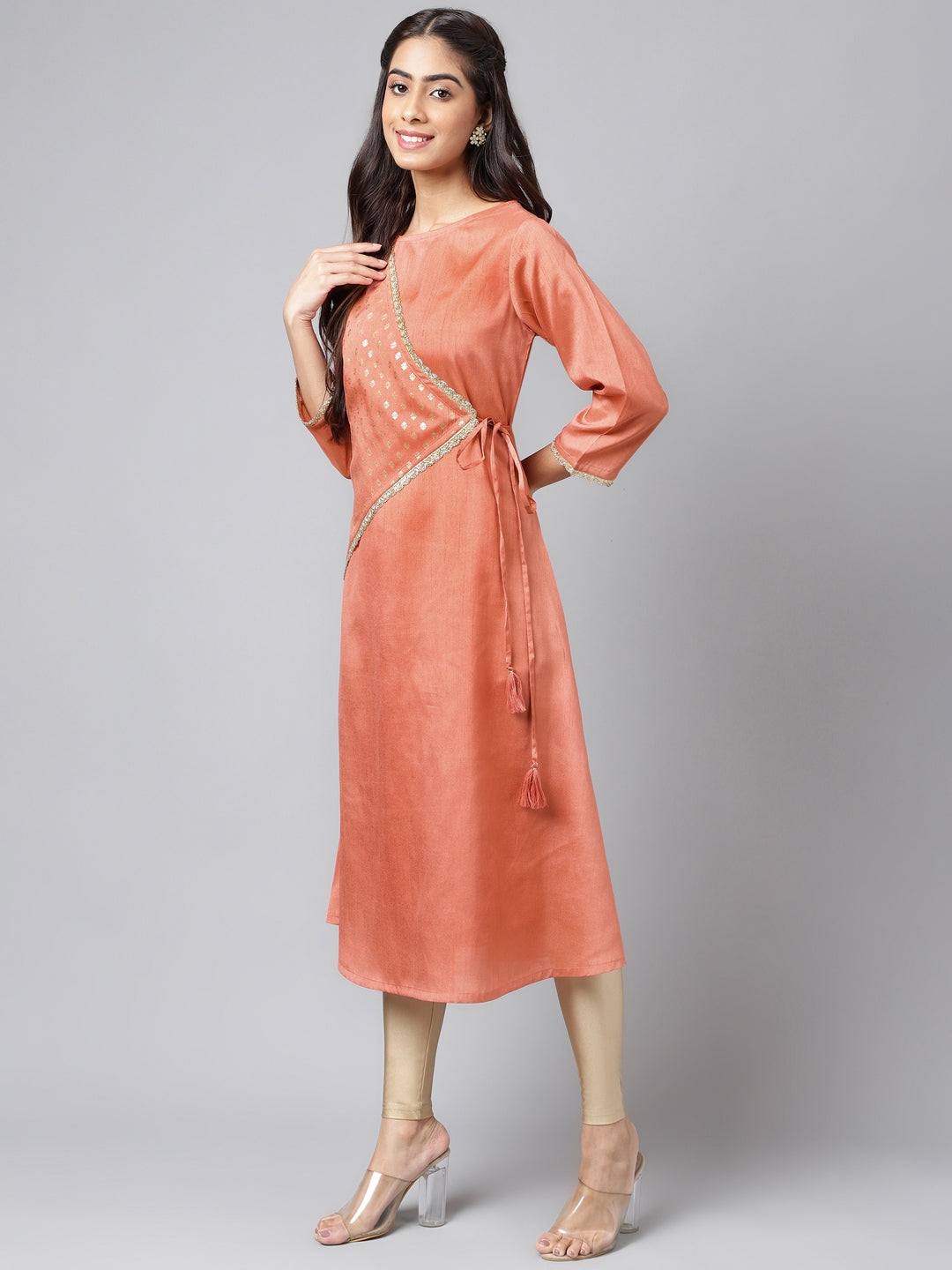 Janasya Women's Peach Crepe Silk Embellished Festive A-Line Kurta | Swadesiicart