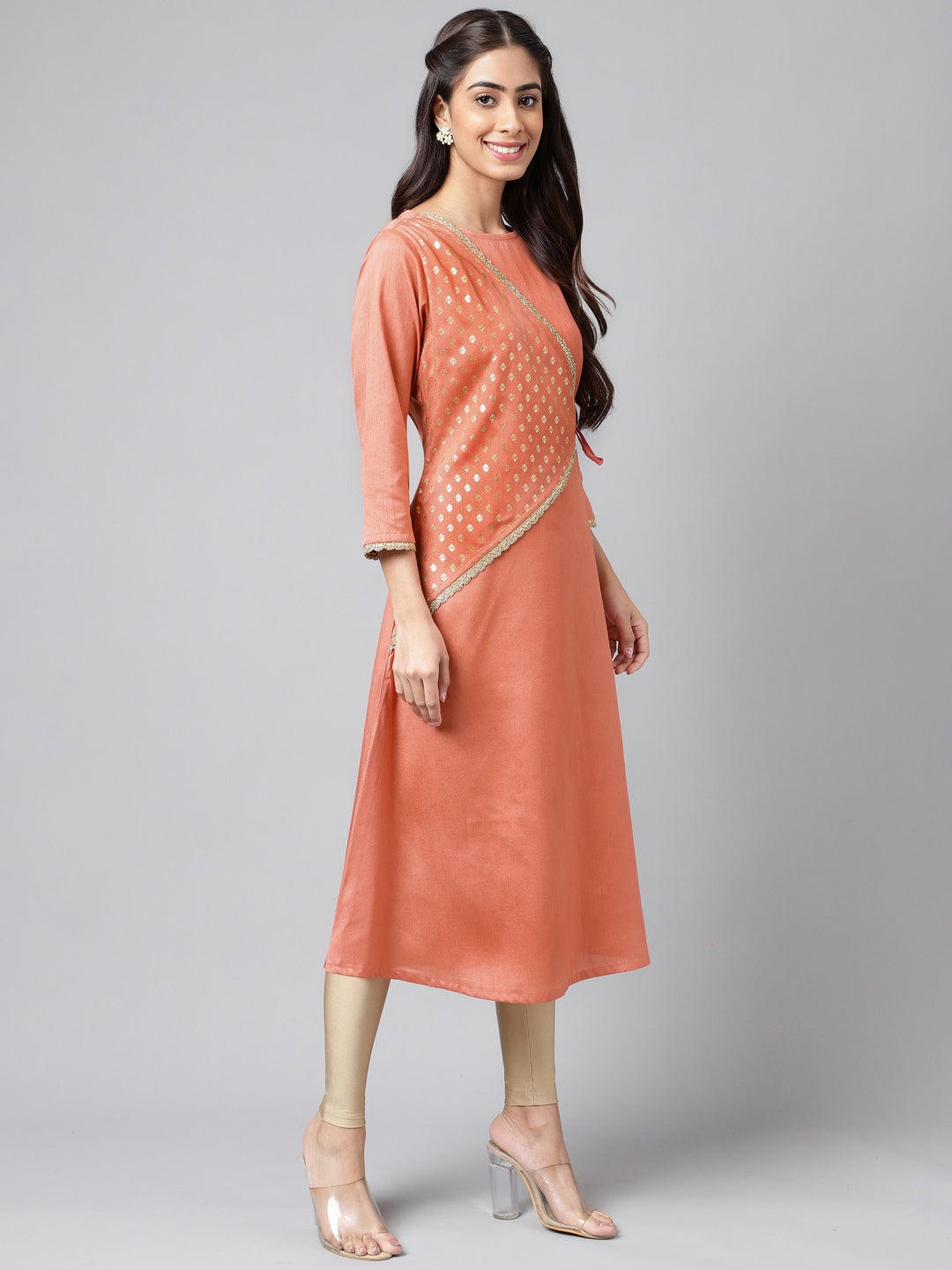 Janasya Women's Peach Crepe Silk Embellished Festive A-Line Kurta | Swadesiicart