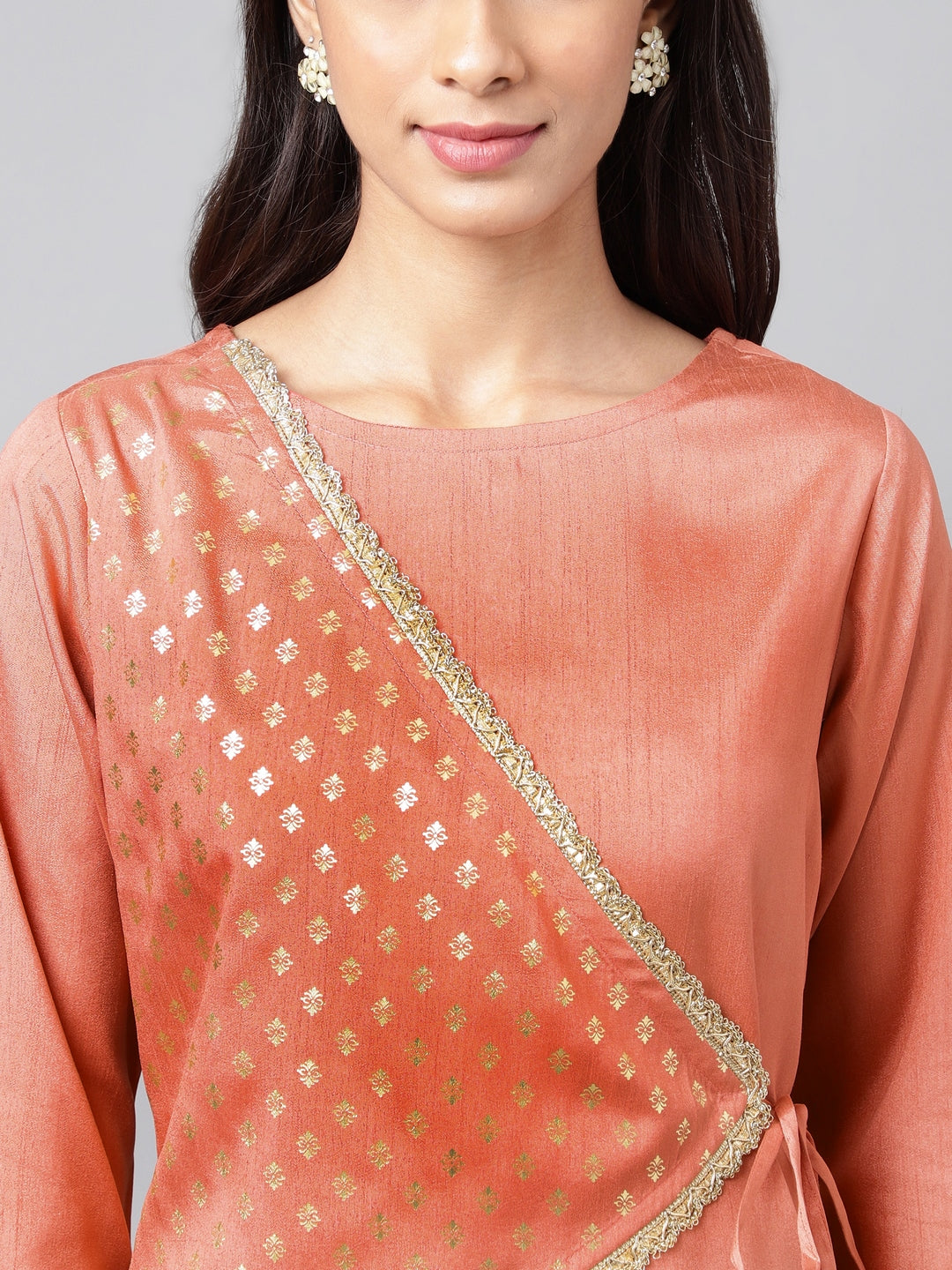Janasya Women's Peach Crepe Silk Embellished Festive A-Line Kurta | Swadesiicart