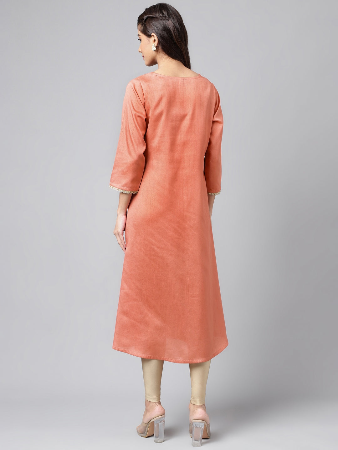 Janasya Women's Peach Crepe Silk Embellished Festive A-Line Kurta | Swadesiicart