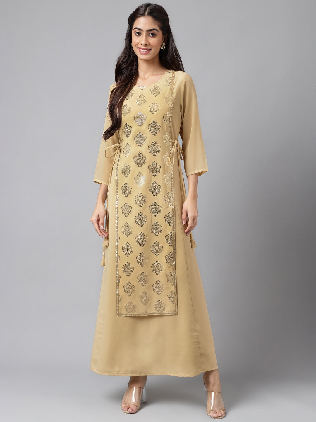 Janasya Women's Beige Crepe Embellished Festive A-Line Kurta | Swadesiicart