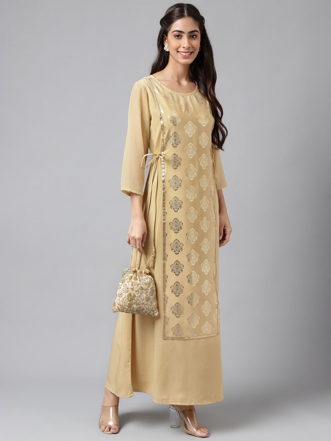 Janasya Women's Beige Crepe Embellished Festive A-Line Kurta | Swadesiicart