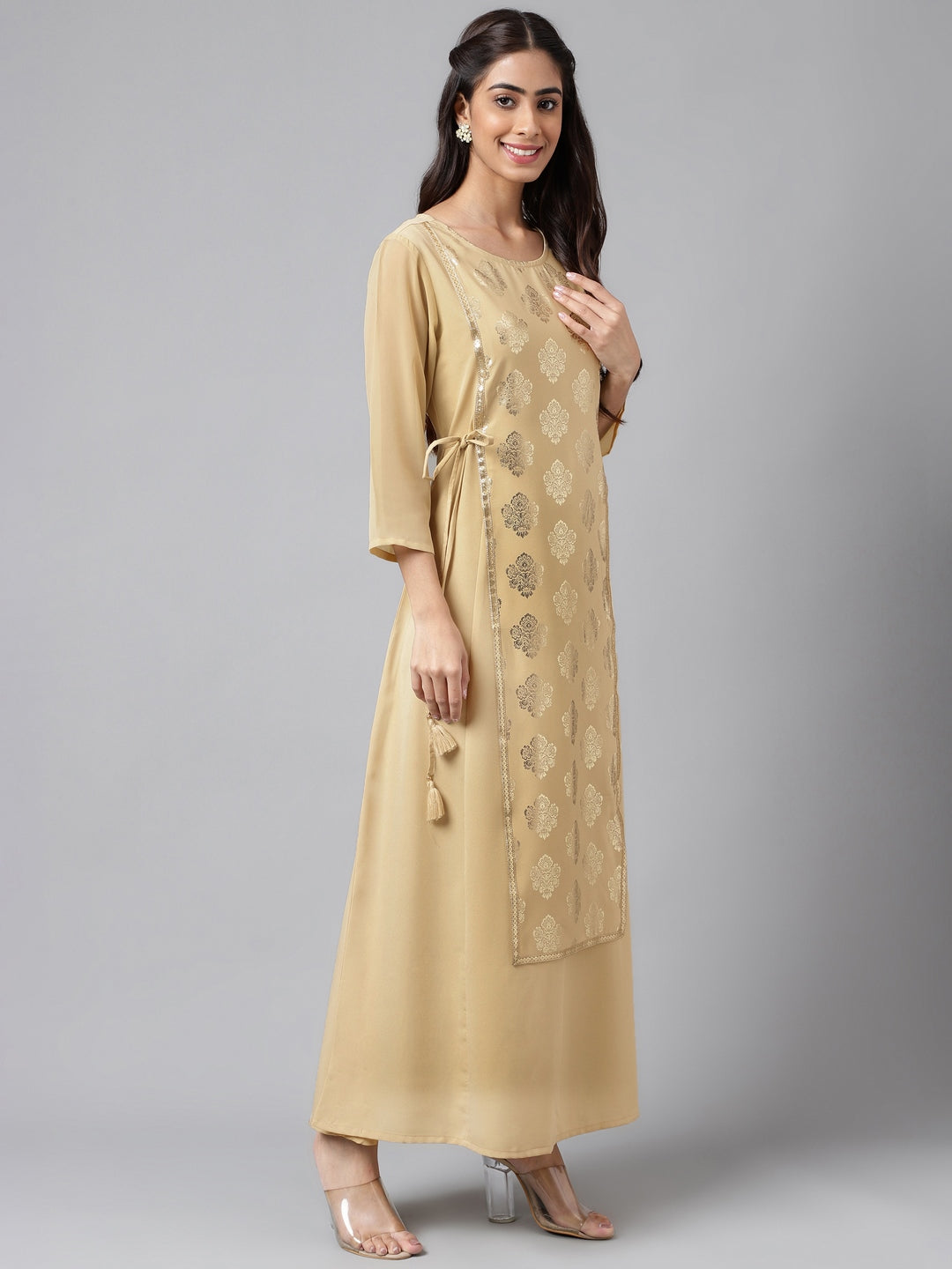 Janasya Women's Beige Crepe Embellished Festive A-Line Kurta | Swadesiicart