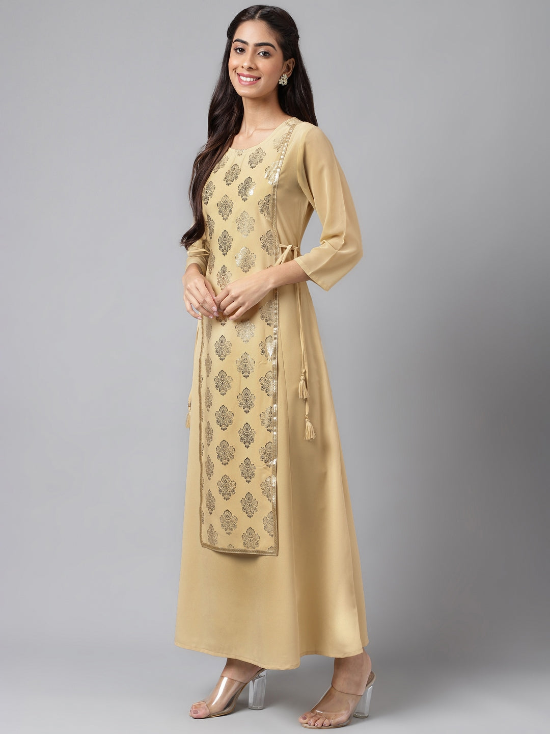 Janasya Women's Beige Crepe Embellished Festive A-Line Kurta | Swadesiicart