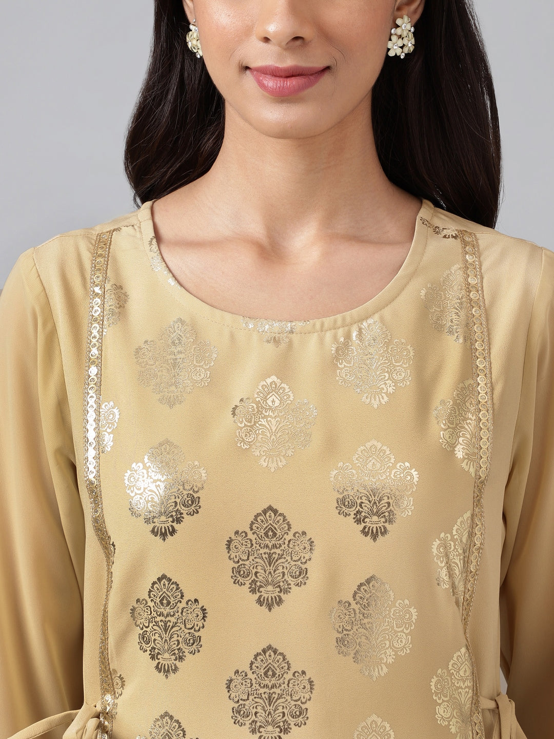 Janasya Women's Beige Crepe Embellished Festive A-Line Kurta | Swadesiicart