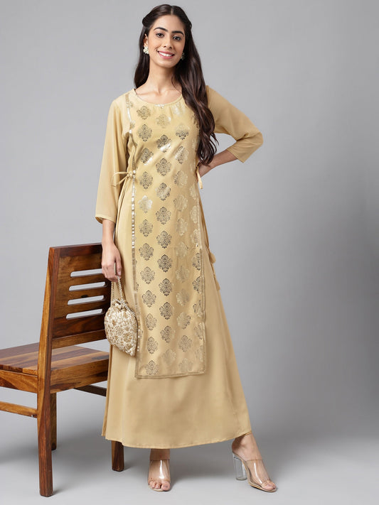 Janasya Women's Beige Crepe Embellished Festive A-Line Kurta | Swadesiicart