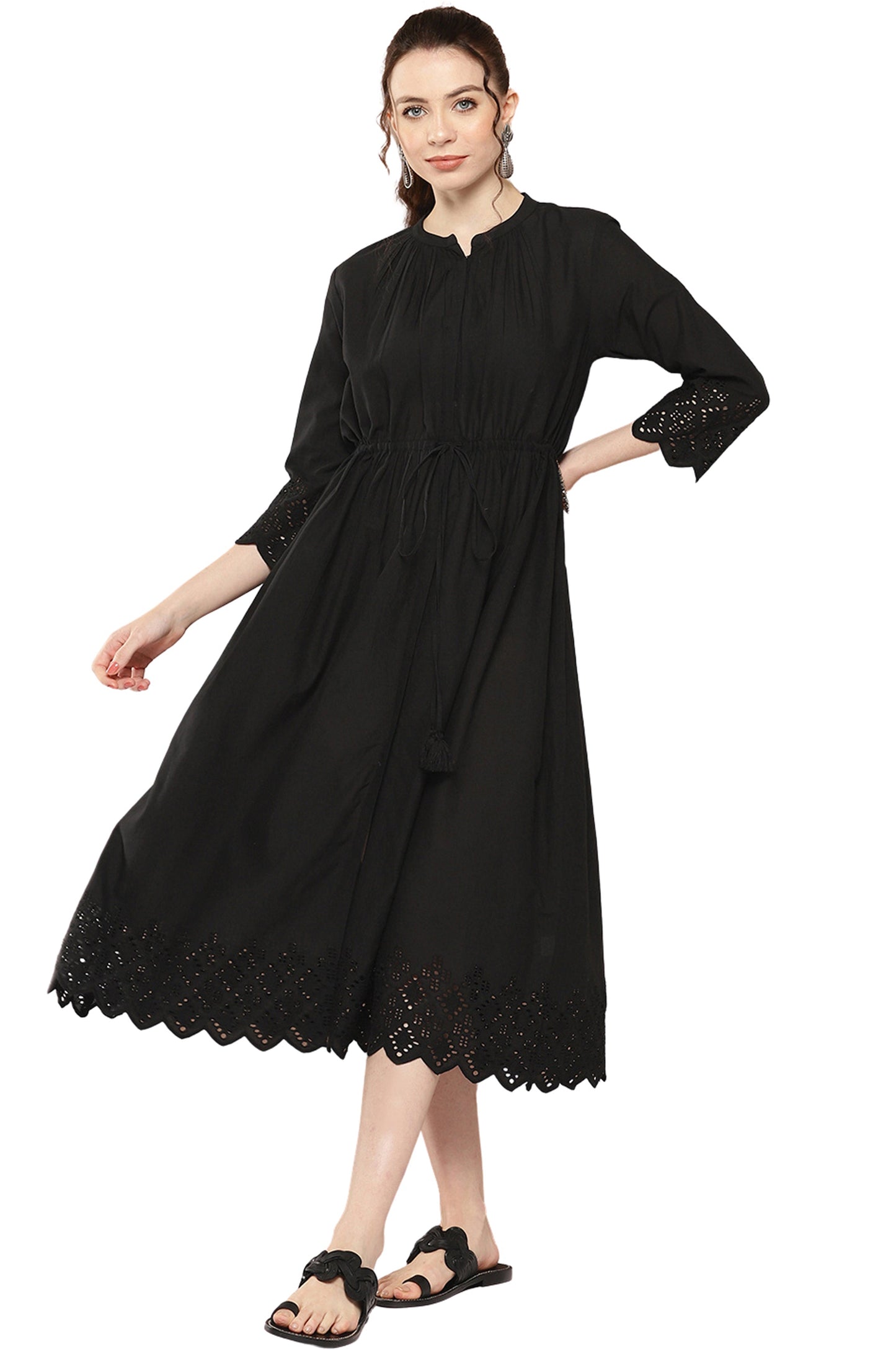 Janasya Black Cotton Solid Flared Casual Dress | Swadesiicart