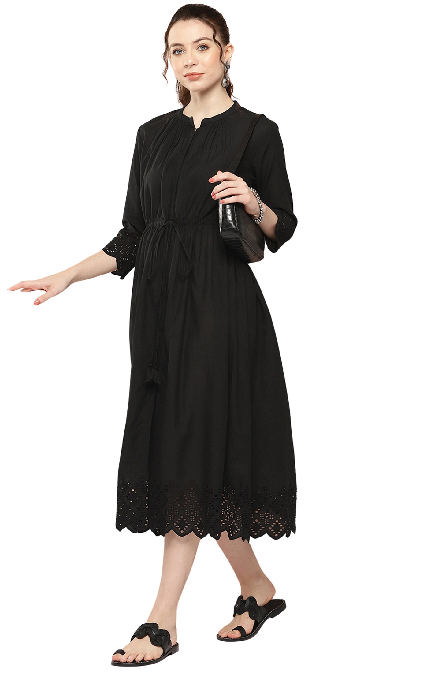 Janasya Black Cotton Solid Flared Casual Dress | Swadesiicart