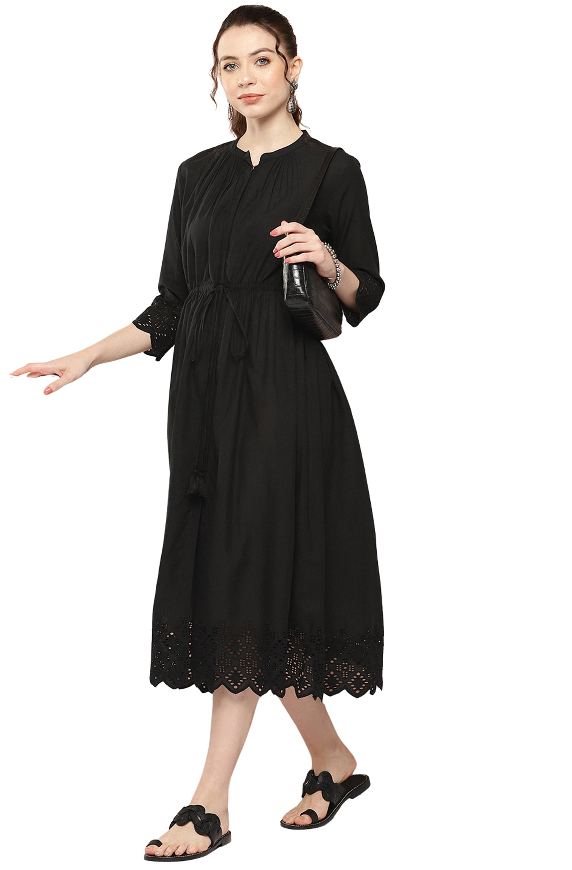 Janasya Black Cotton Solid Flared Casual Dress | Swadesiicart