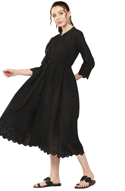 Janasya Black Cotton Solid Flared Casual Dress | Swadesiicart