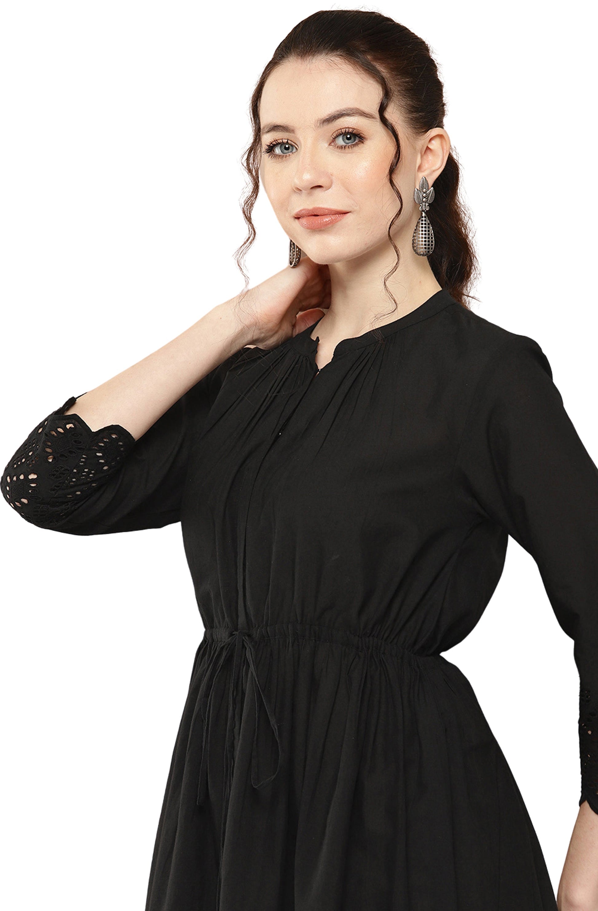Janasya Black Cotton Solid Flared Casual Dress | Swadesiicart