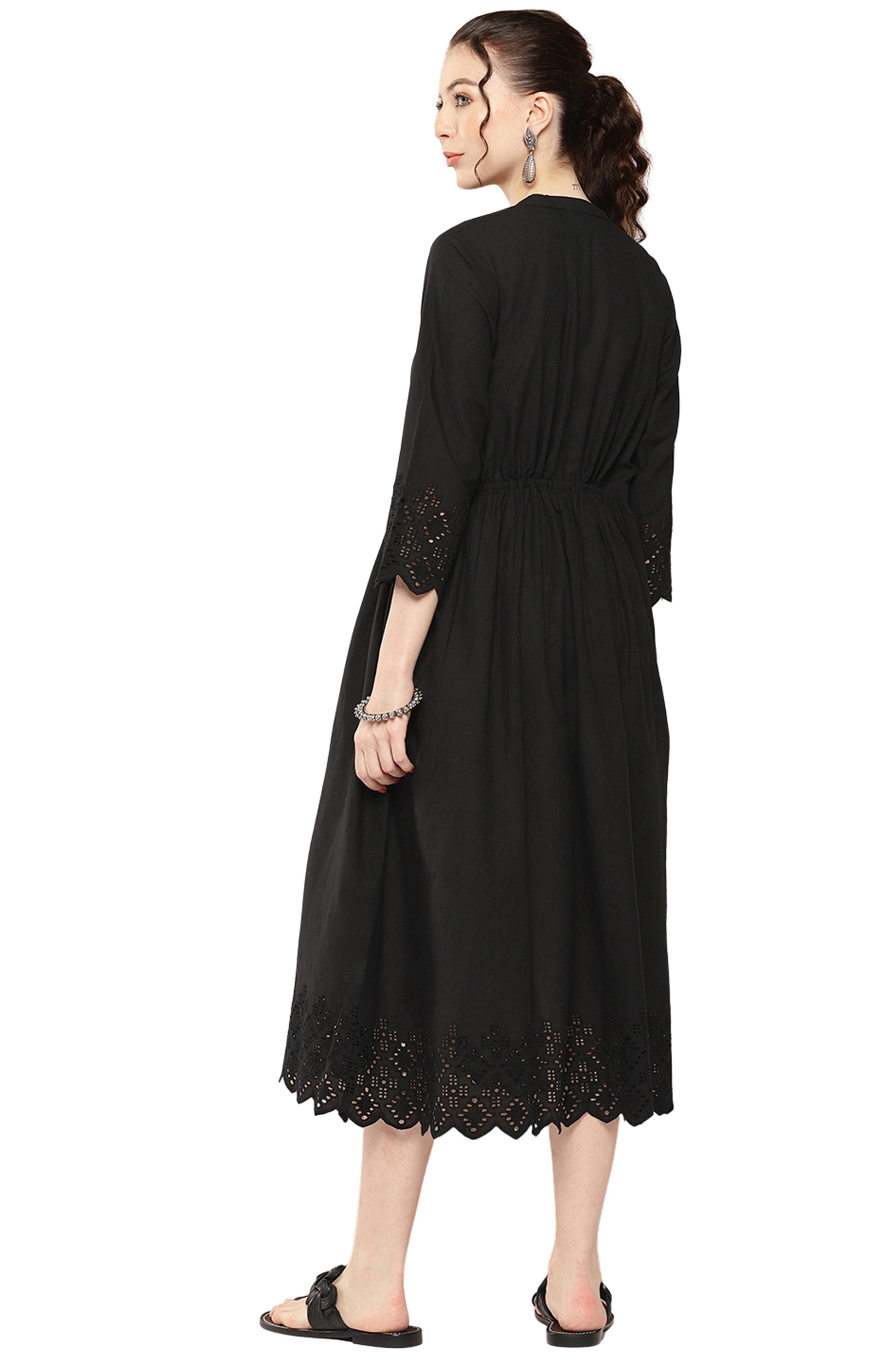 Janasya Black Cotton Solid Flared Casual Dress | Swadesiicart
