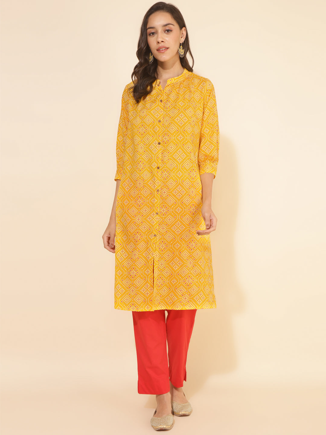 Janasya Yellow Cotton Bandhani Printed Casual Kurta - Swadesiicart
