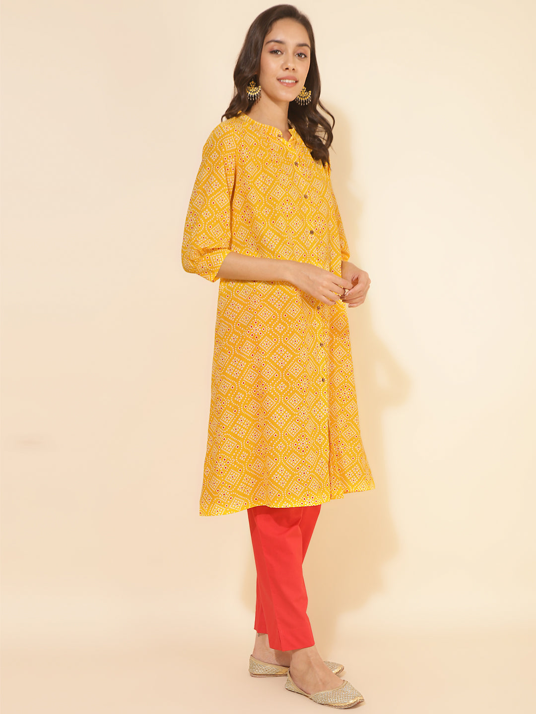 Janasya Yellow Cotton Bandhani Printed Casual Kurta - Swadesiicart