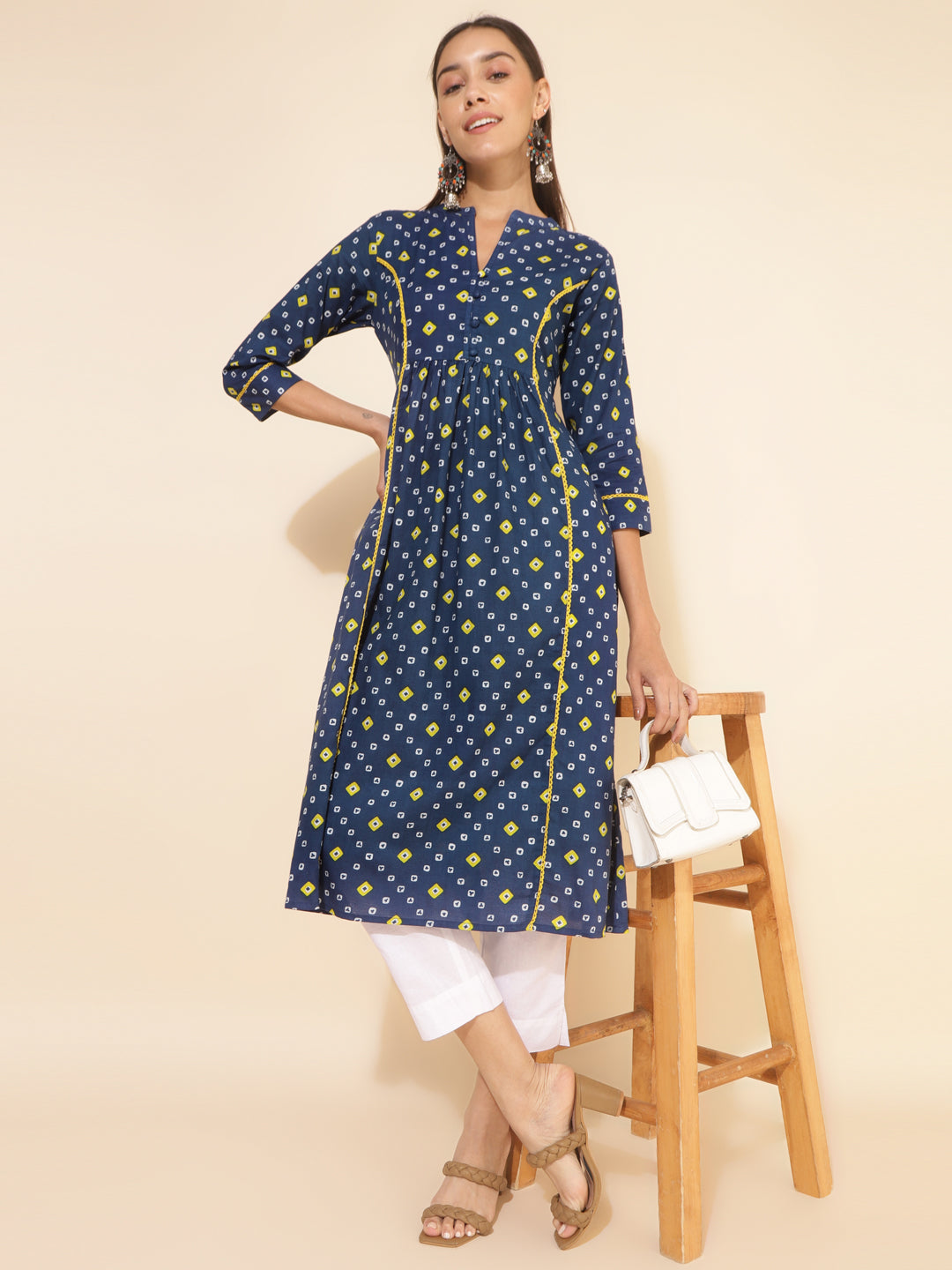 Janasya Blue Cotton Bandhani Printed Casual Kurta | Swadesiicart
