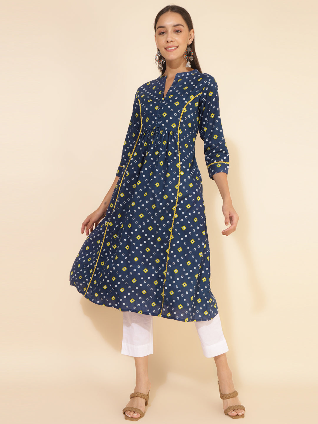 Janasya Blue Cotton Bandhani Printed Casual Kurta | Swadesiicart