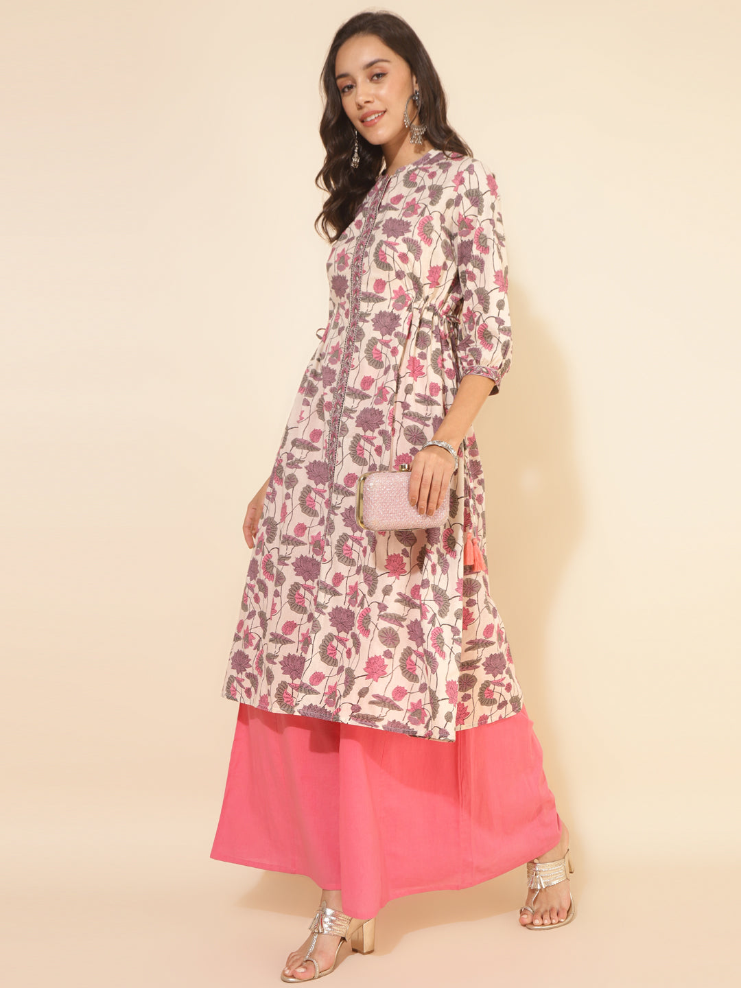 Janasya Beige Cotton Floral Printed Casual Kurta | Swadesiicart