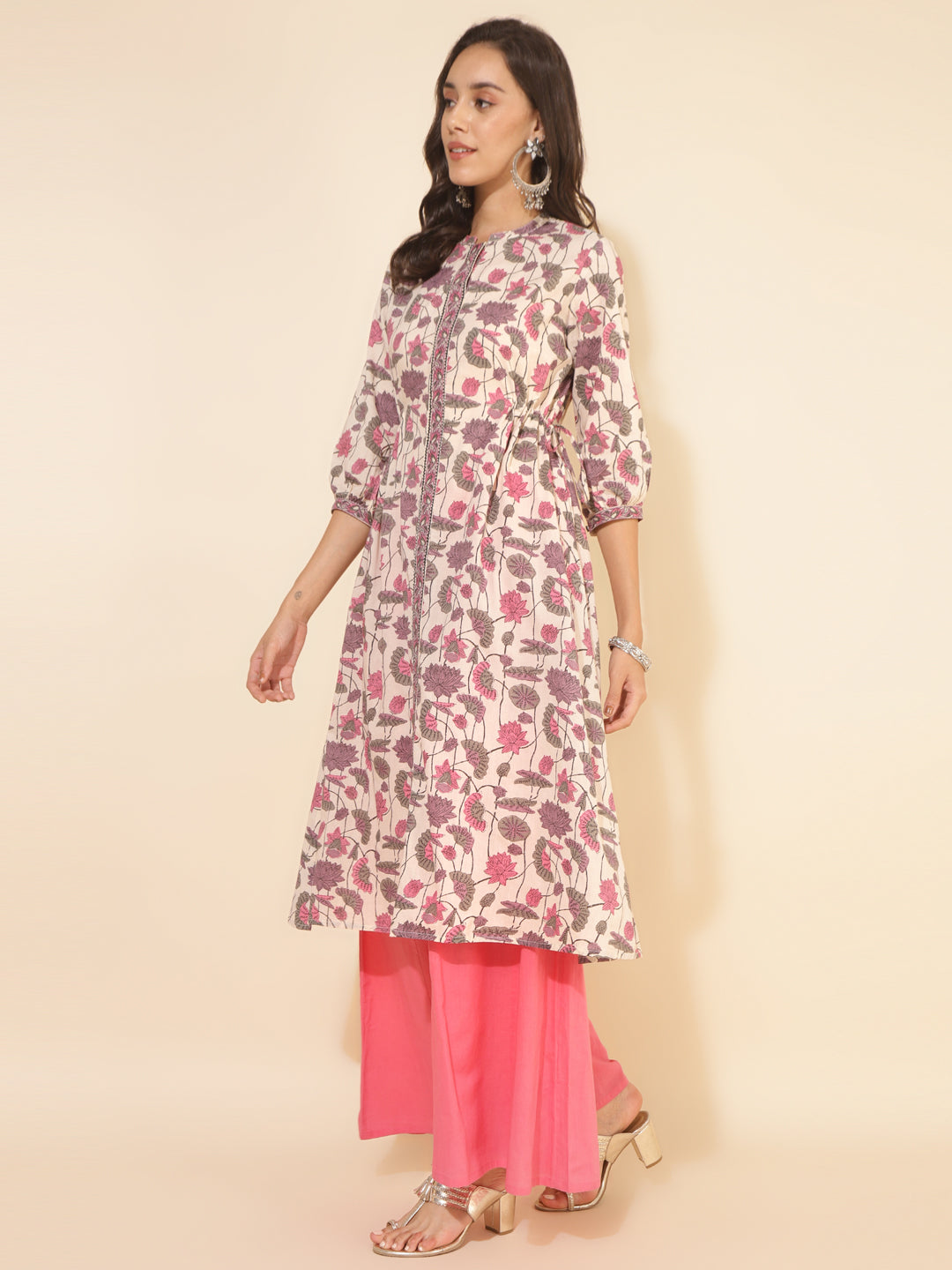 Janasya Beige Cotton Floral Printed Casual Kurta | Swadesiicart