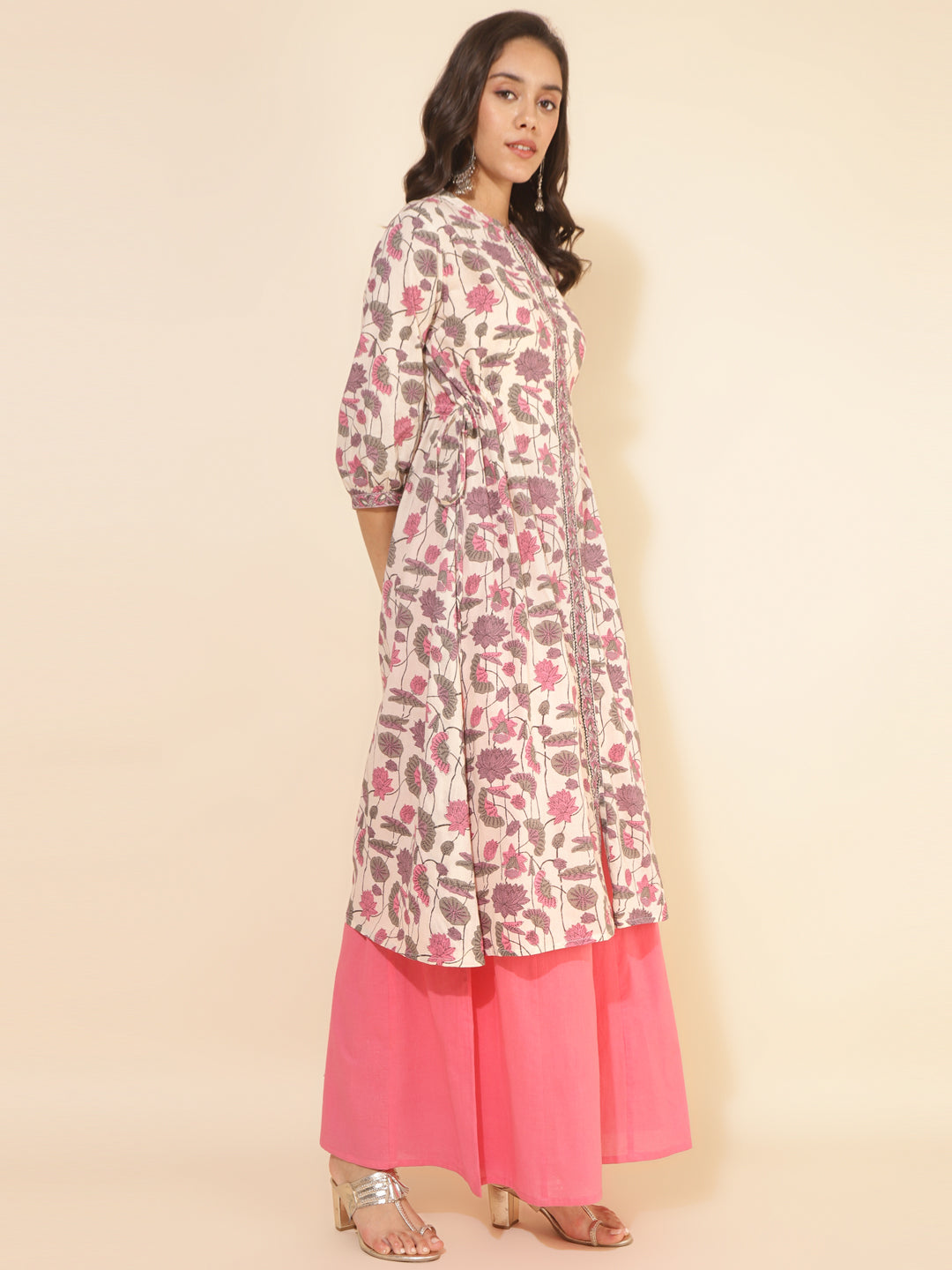 Janasya Beige Cotton Floral Printed Casual Kurta | Swadesiicart
