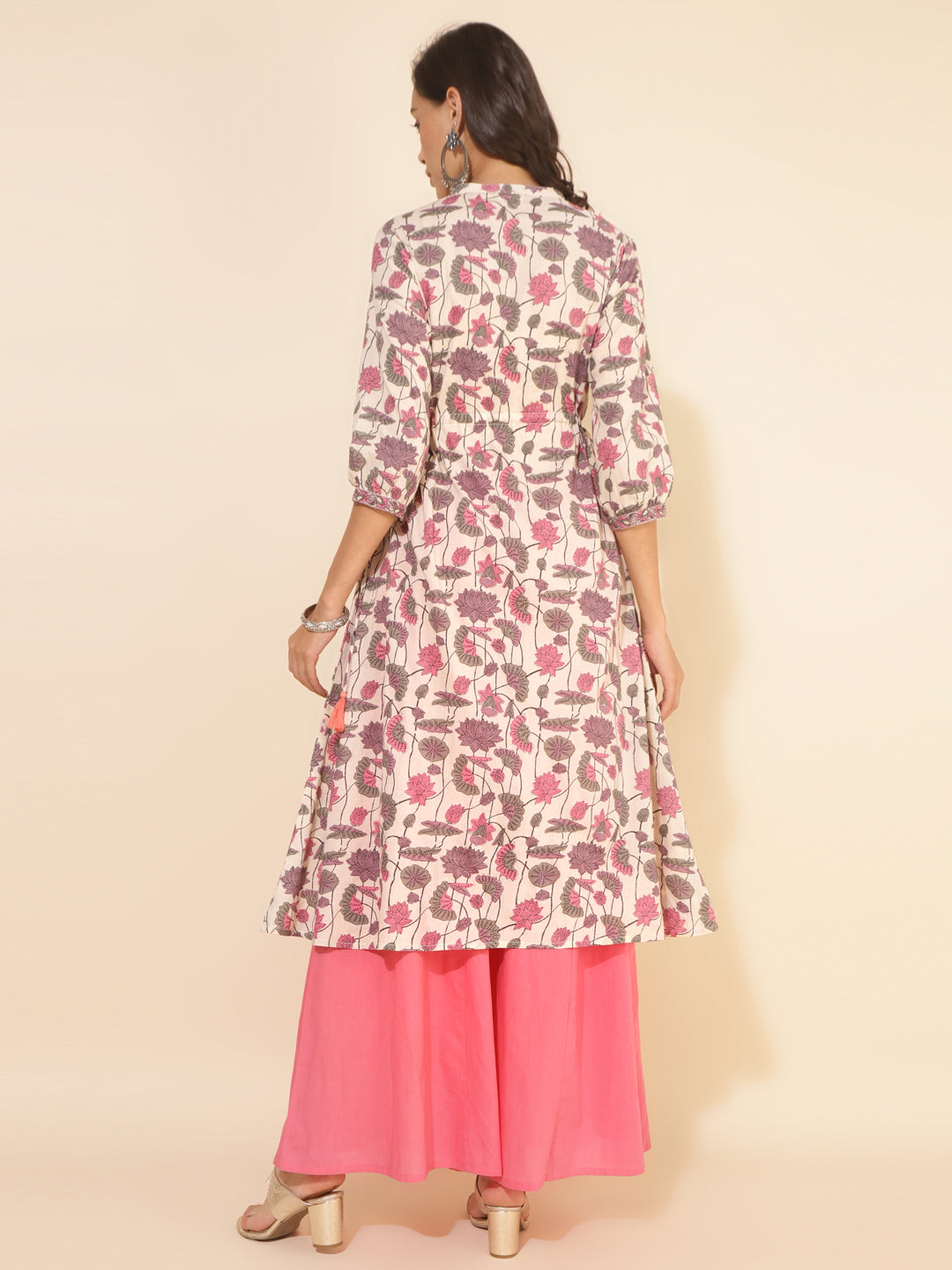 Janasya Beige Cotton Floral Printed Casual Kurta | Swadesiicart