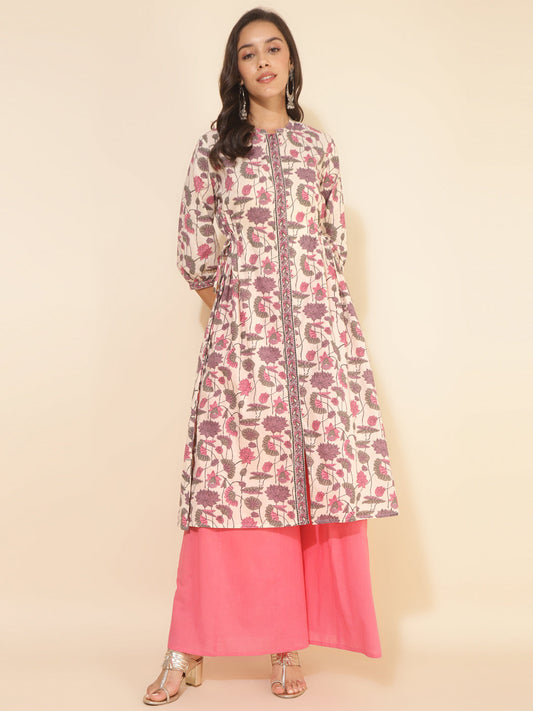 Janasya Beige Cotton Floral Printed Casual Kurta | Swadesiicart