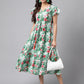 Janasya Green Moss Digital Floral Printed A-line Casual Dress | Swadesiicart