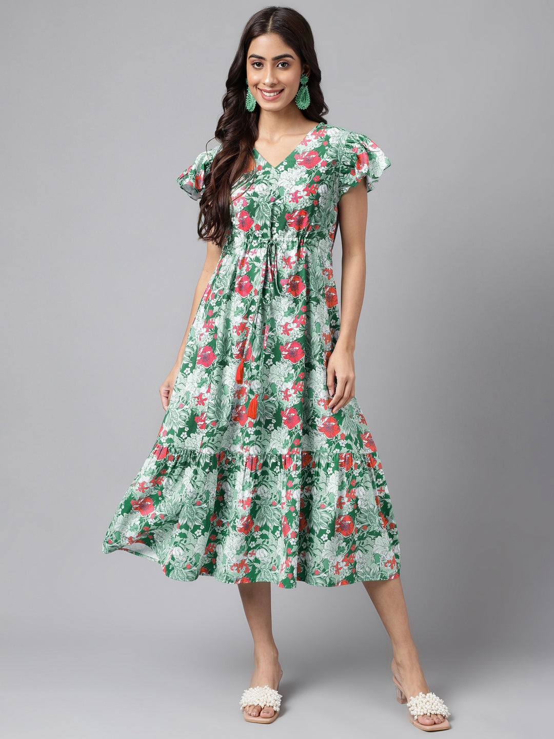 Janasya Green Moss Digital Floral Printed A-line Casual Dress | Swadesiicart
