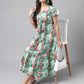 Janasya Green Moss Digital Floral Printed A-line Casual Dress | Swadesiicart