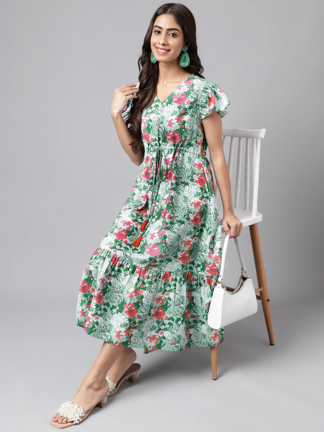 Janasya Green Moss Digital Floral Printed A-line Casual Dress | Swadesiicart
