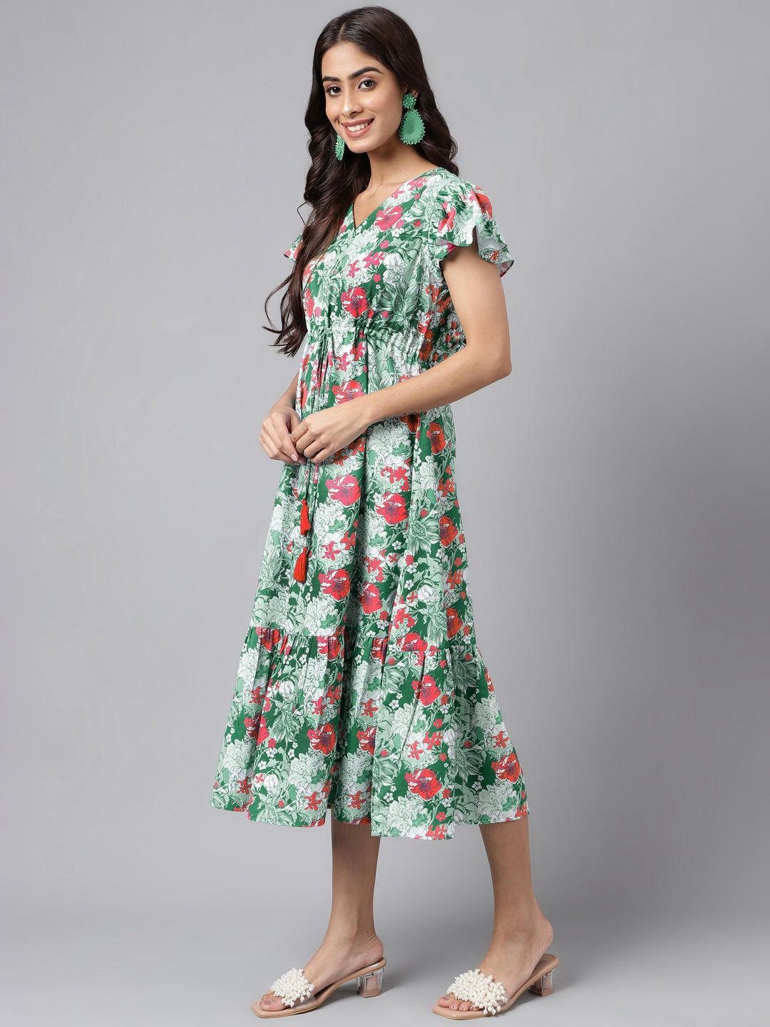 Janasya Green Moss Digital Floral Printed A-line Casual Dress | Swadesiicart