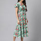 Janasya Green Moss Digital Floral Printed A-line Casual Dress | Swadesiicart