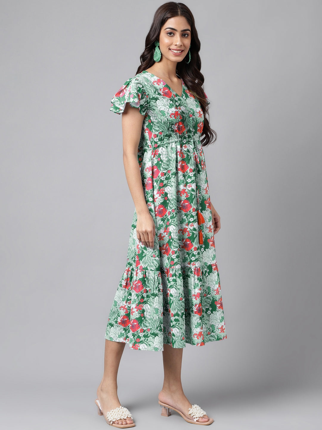 Janasya Green Moss Digital Floral Printed A-line Casual Dress | Swadesiicart