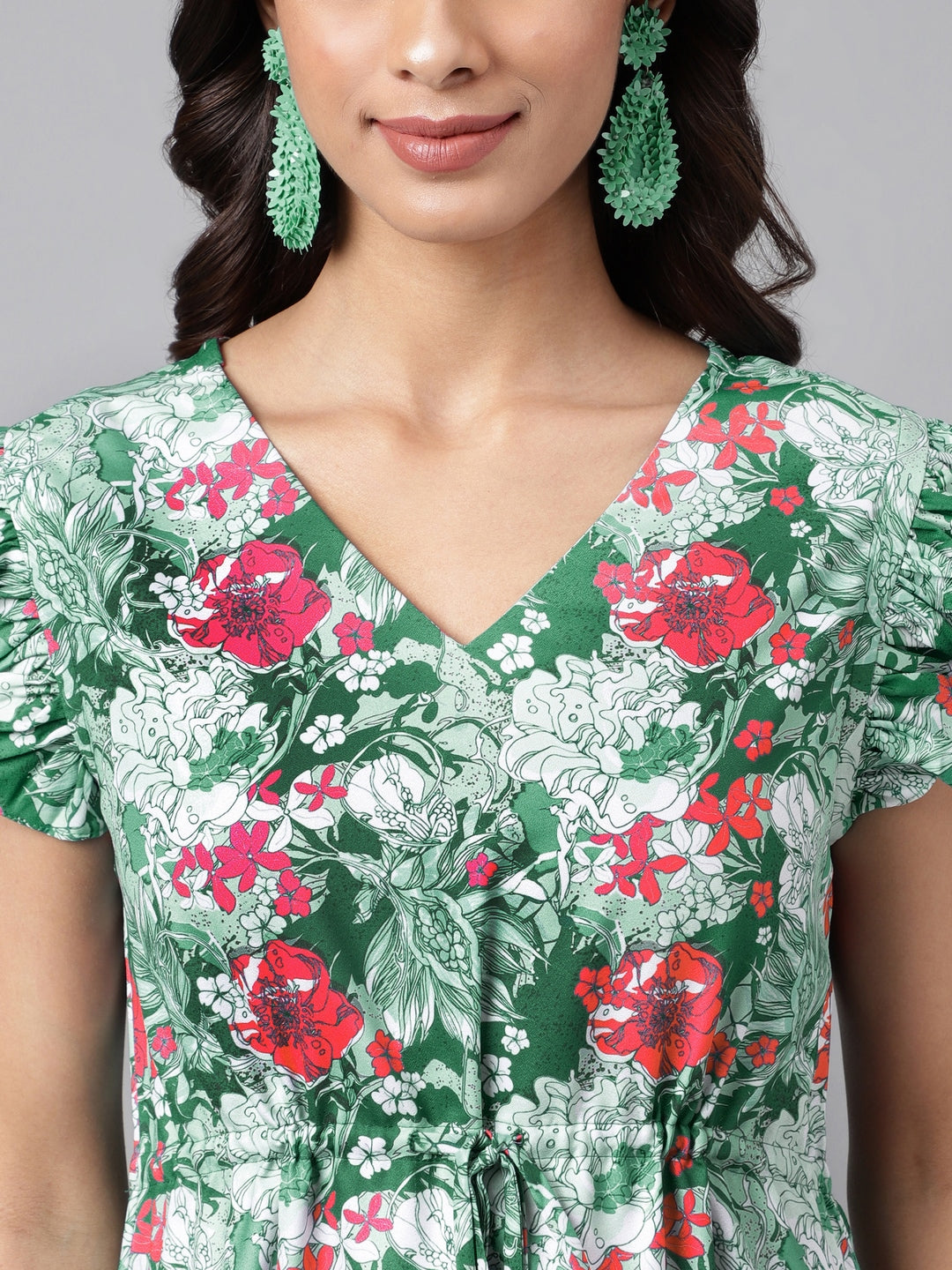 Janasya Green Moss Digital Floral Printed A-line Casual Dress | Swadesiicart