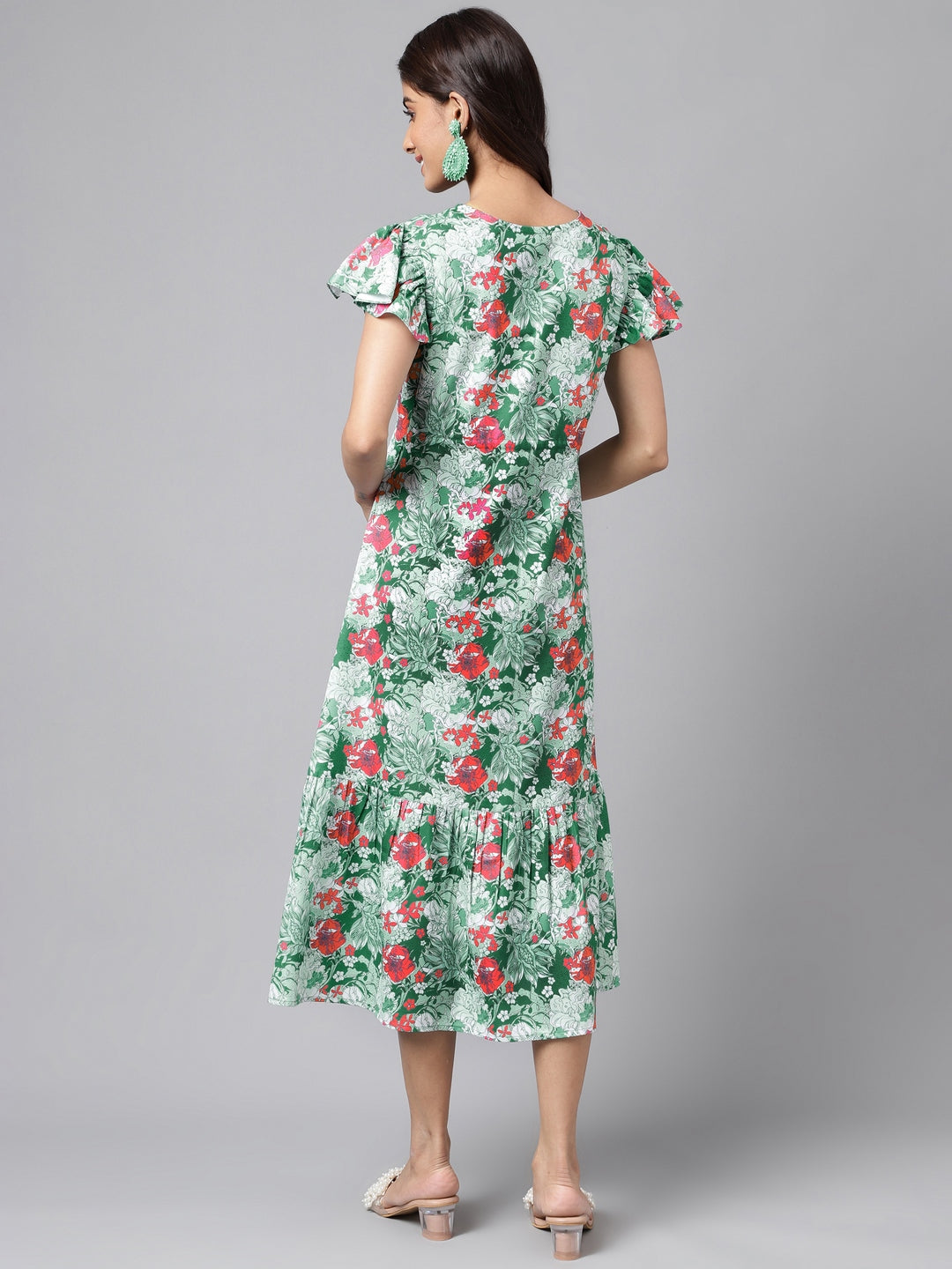 Janasya Green Moss Digital Floral Printed A-line Casual Dress | Swadesiicart