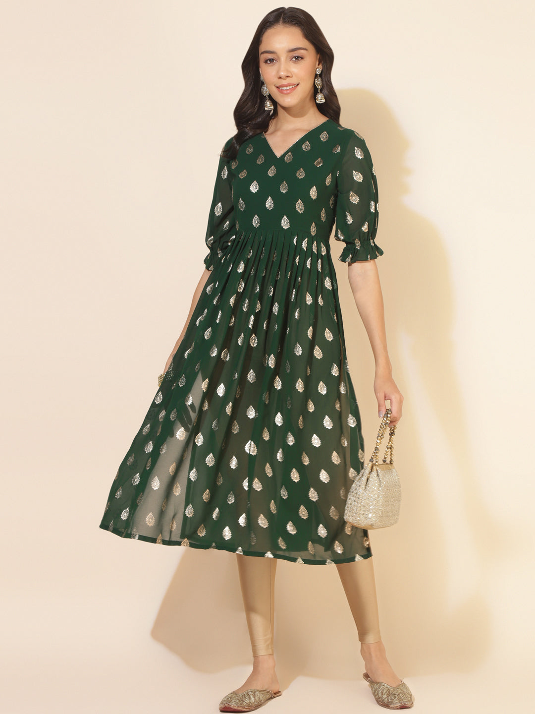 Janasya Bottle Green Georgette Foil Printed Festive Kurta | Swadesiicart