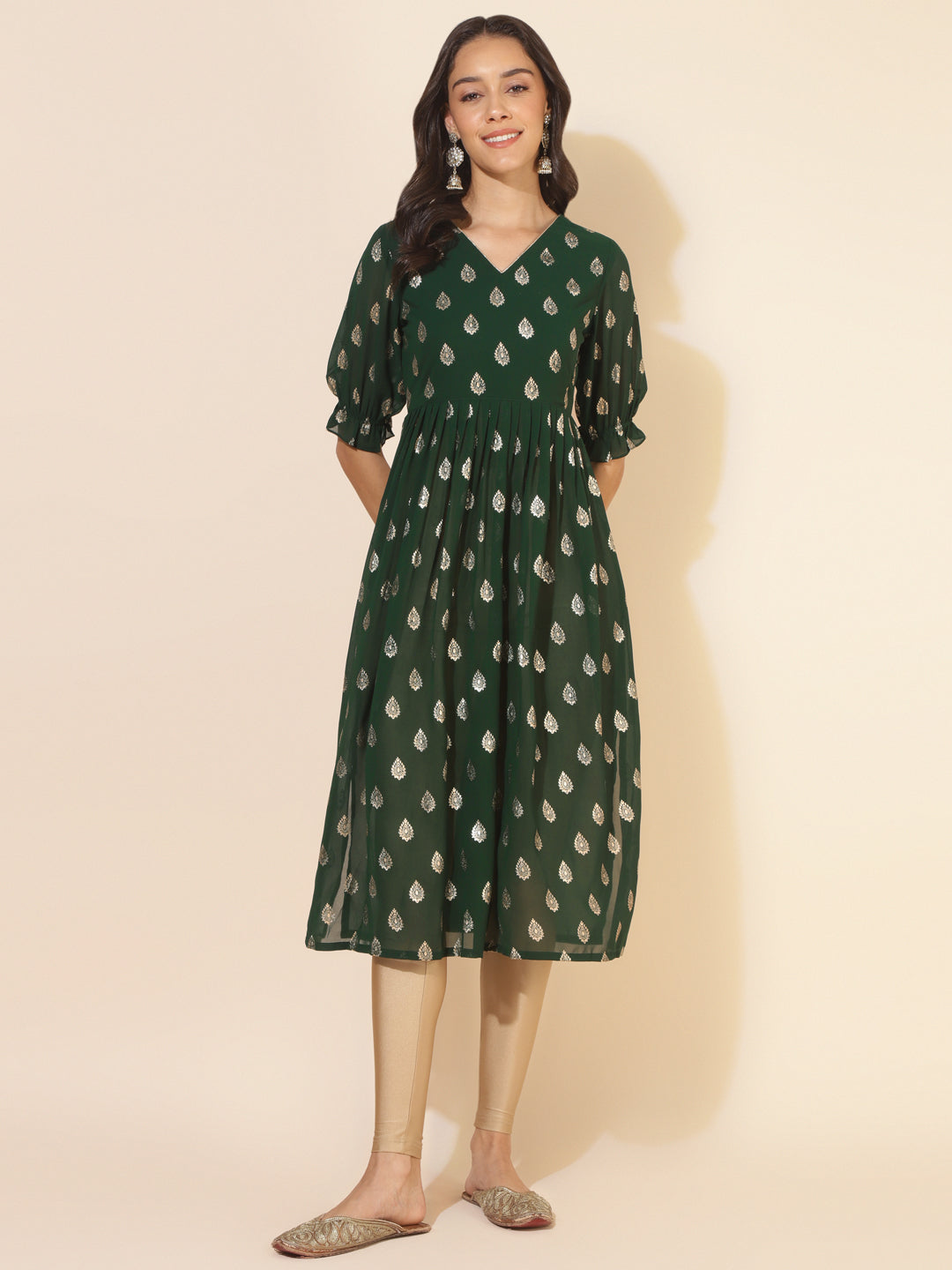Janasya Bottle Green Georgette Foil Printed Festive Kurta | Swadesiicart