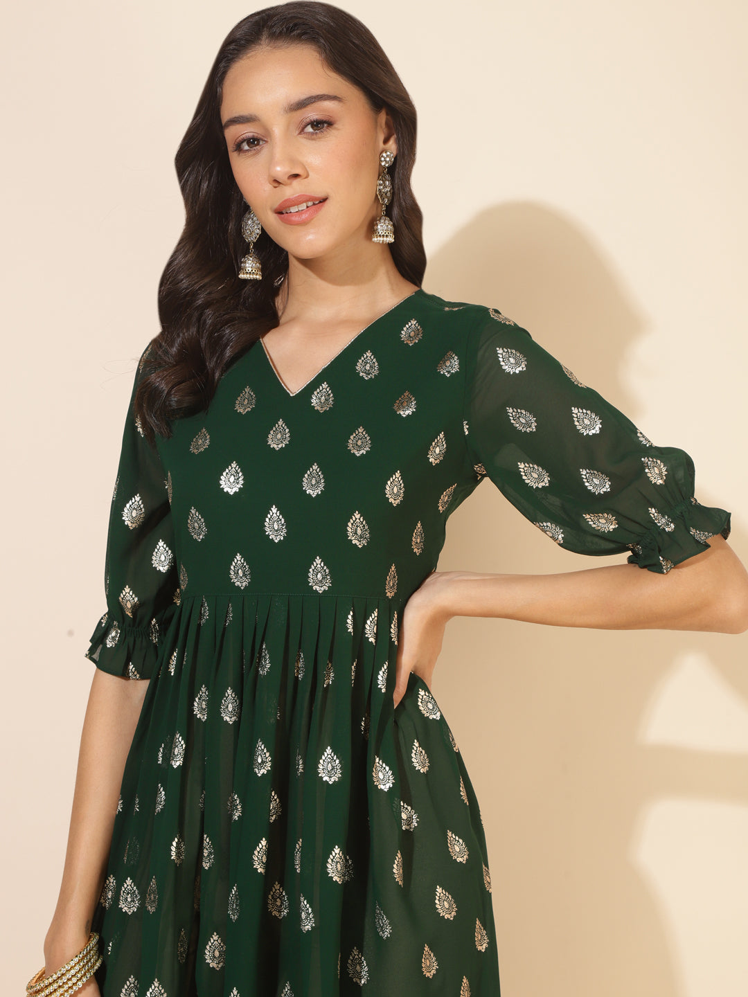 Janasya Bottle Green Georgette Foil Printed Festive Kurta | Swadesiicart