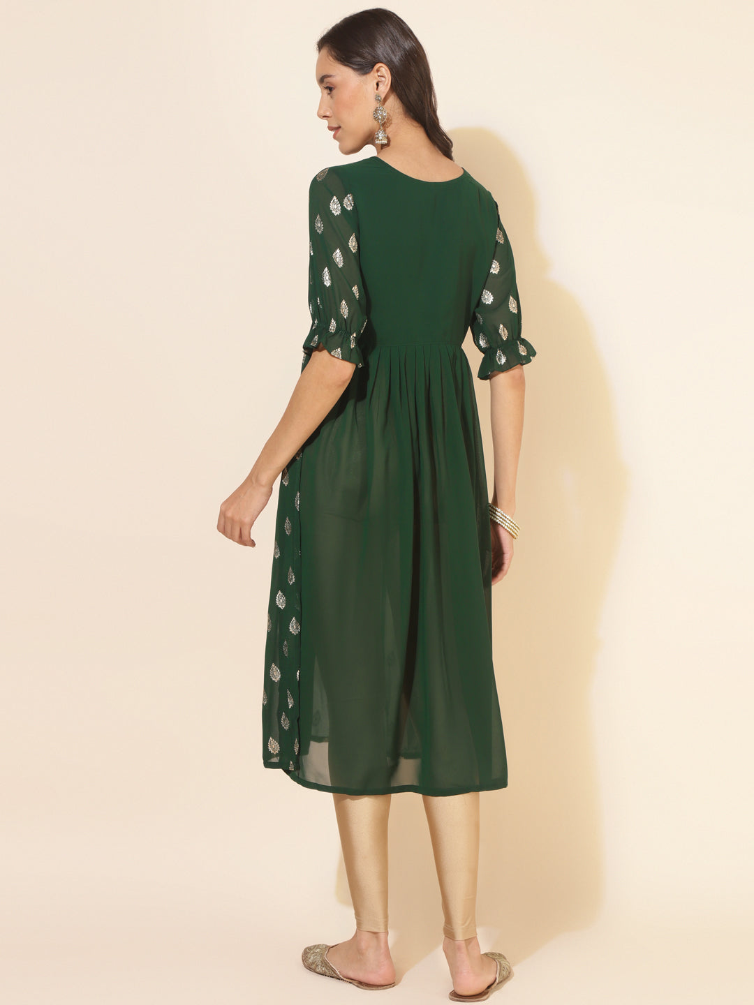 Janasya Bottle Green Georgette Foil Printed Festive Kurta | Swadesiicart